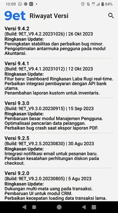 Tampilan riwayat versi 9et
