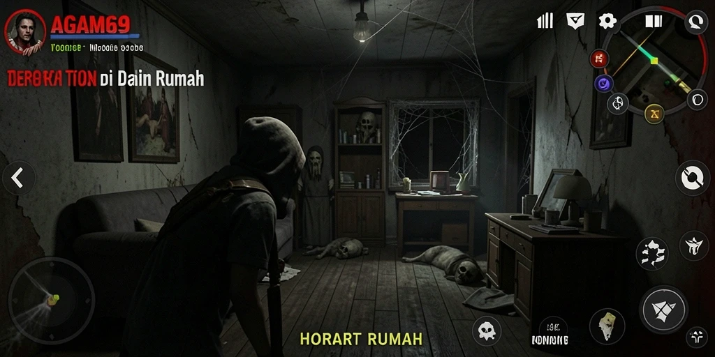 Tampilan antarmuka AGAM69 yang menakutkan dalam suasana rumah hantu.