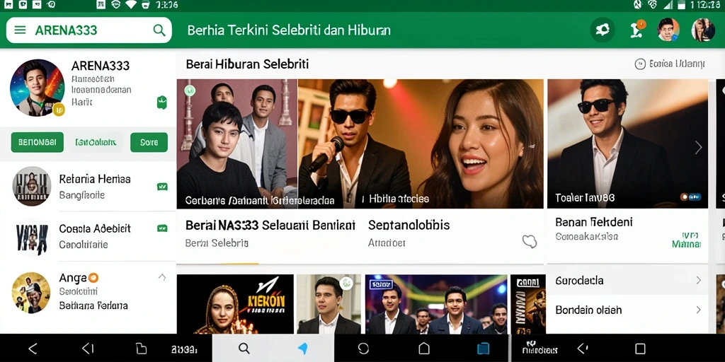 Antarmuka aplikasi ARENA333 yang menampilkan berita selebriti.