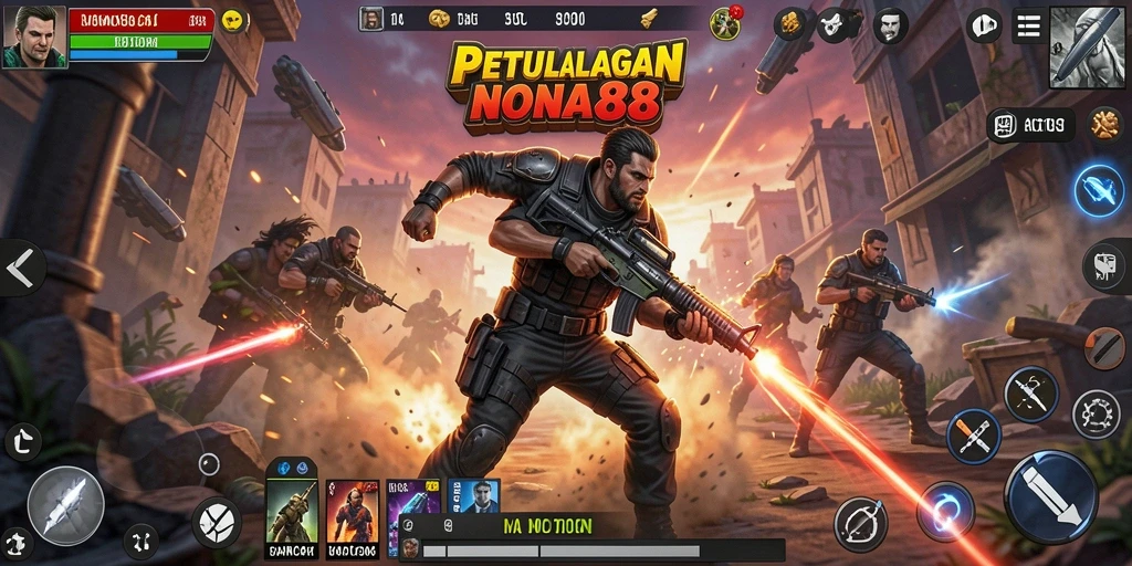 Tampilan antarmuka NONA88 dengan karakter aksi yang dinamis.